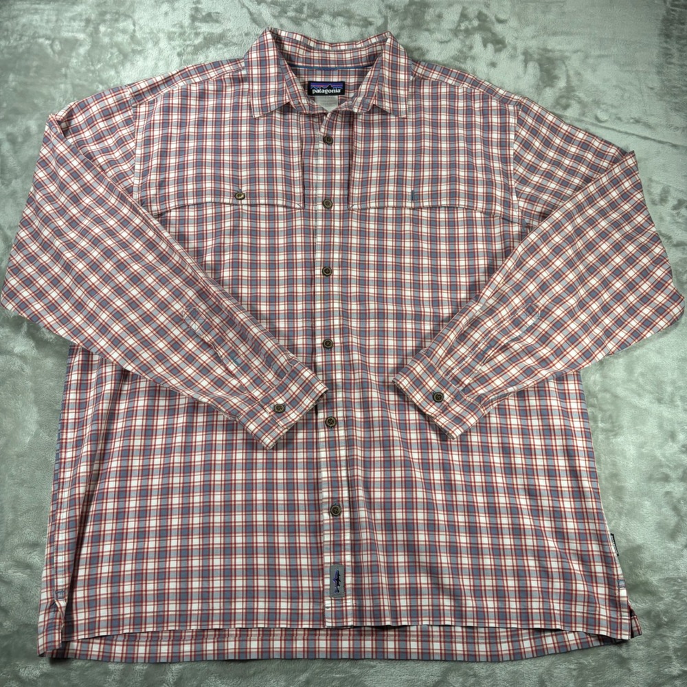 Patagonia Mens XXL Plaid Long Sleeve Button Down Shirt Red Blue Fishing Hiking‎